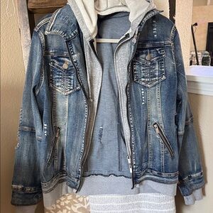 Blue Denim Jacket with Gray Hoodie